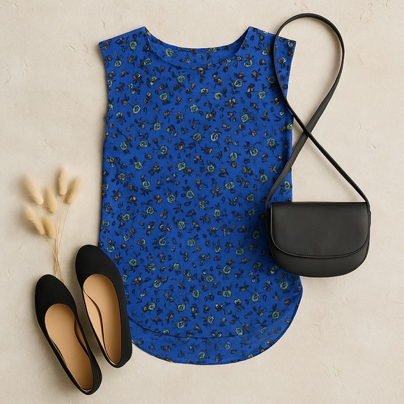 Pleione Blouse Boho Romantic Floral Cap Sleeve Blue Print Top Small - Picture 2 of 10